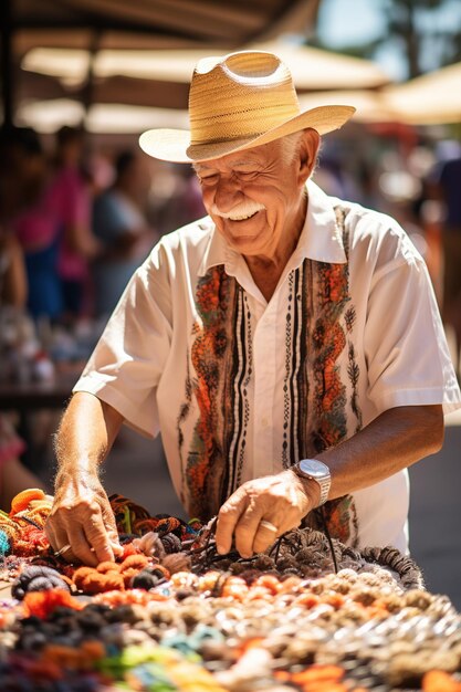 Senior traveler buying local products at a tourist market AI Generated