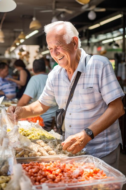 Senior traveler buying local products at a tourist market AI Generated