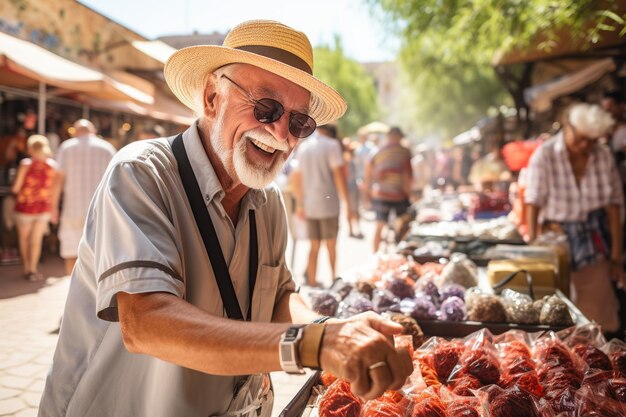 Senior traveler buying local products at a tourist market AI Generated