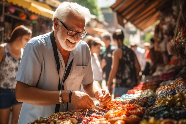 Senior traveler buying local products at a tourist market AI Generated