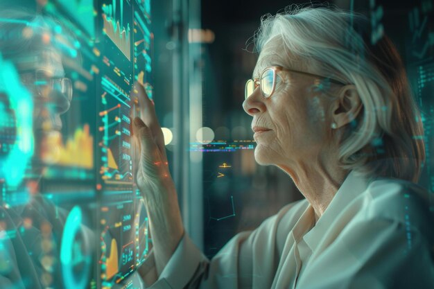 Senior Woman Analyzing Data Futuristic Interface Cybersecurity Technology Big Data AI