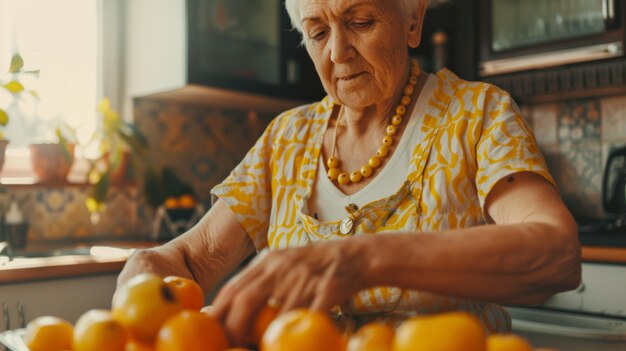 Senior woman artistically arranging oranges on a sunny day