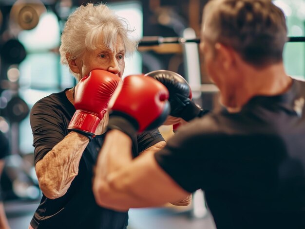 Photo a senior woman in boxing gloves practicing punches with a trainer in a gym ar 43 stylize 50 v 6 job id 41cf43d415e54eaab29defba73ed0469