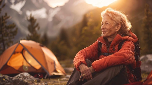 Photo senior woman camping in the mountains