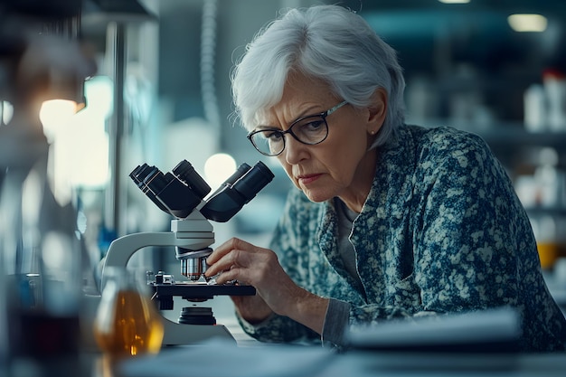 Photo senior woman conducting scientific experiment in laboratory with microscope scientific research concept