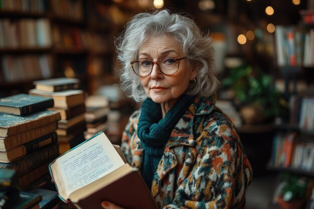 Photo senior woman delights in selecting a favorite book from her cozy home bookshelf