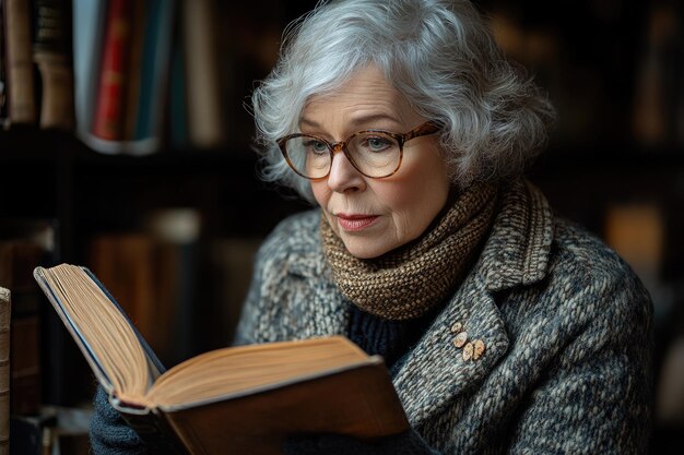 Photo senior woman delights in selecting a favorite book from her cozy home bookshelf