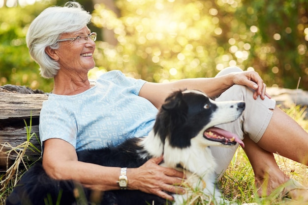 Senior woman dog and hug in forest to relax for smile memory or adventure on ground in sunshine Elderly person animal and border collie for care in park woods or happy with nature in countryside