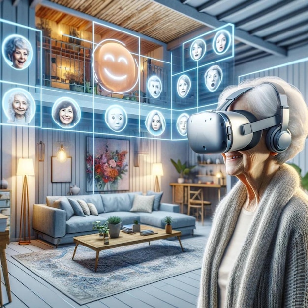 Senior Woman Engaging with Emotive Avatars in Virtual Reality Space