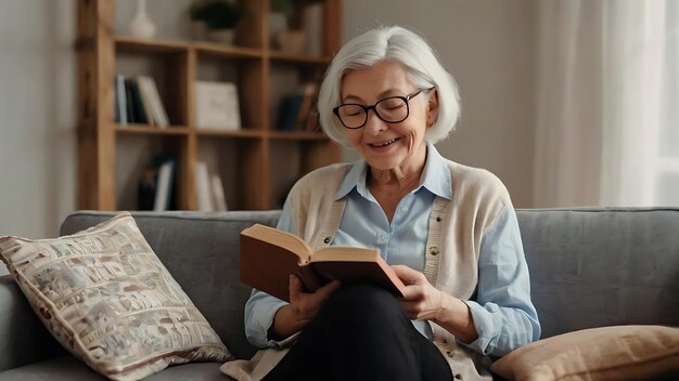 Senior woman enjoying her free time at home while reading a book on the couch