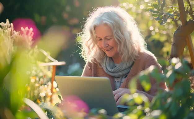 a senior woman in a garden working on her laptop