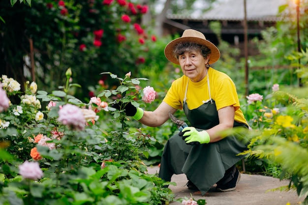 Senior woman gardener in a hat working in her yard with work tools The concept of gardening growing and caring for flowers and plants