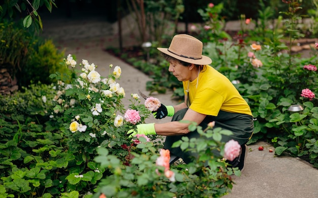 Senior woman gardener in a hat working in her yard with work tools The concept of gardening growing and caring for flowers and plants