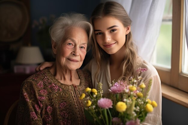 Senior woman and granddaughter smiling together with flowers