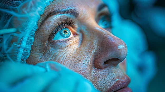 Photo senior woman having protective eye shield fitted after cataract surgery