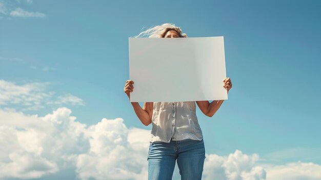 Senior Woman Holding Blank Sign Against Blue Sky Background