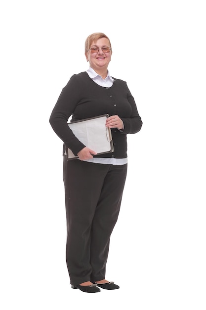 Senior woman holding a blank sign isolated on white background