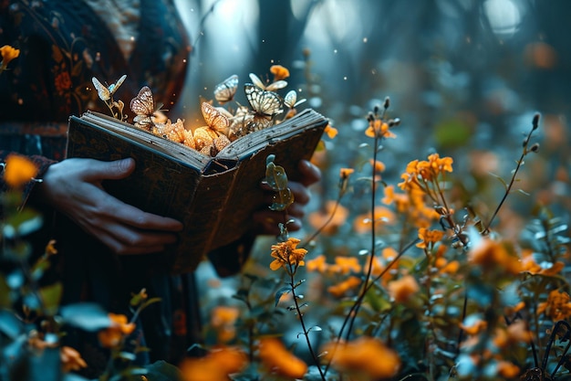 senior woman holding a book with magical butterflies