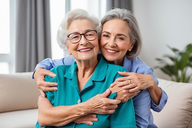 Senior woman hug or medical caregiver in house living room in comfort trust support or security bond Smile happy or laughing nursing home retirement elderly and healthcare Brazilian nurse or help