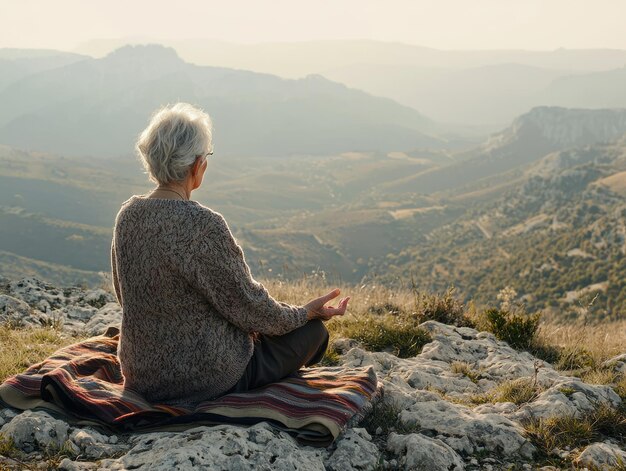 Photo senior woman meditating on mountain top at sunset enjoying