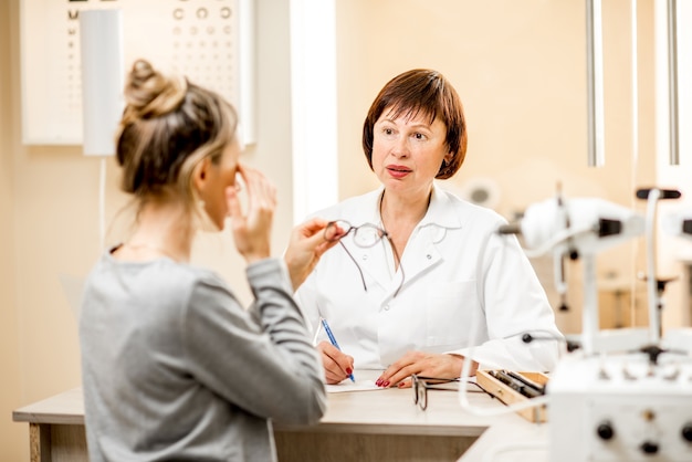 Senior woman ophthalmologist with young female patient during the consultation in the ophthalmological office