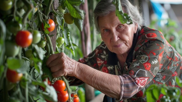 Senior woman picking tomatoes from vegetable garden