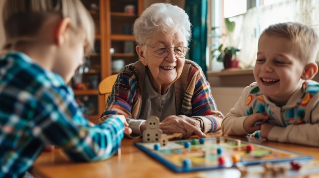 Senior woman playing board games with her grandchildren on a rainy afternoon