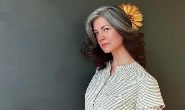 Senior woman posing with flat grey background wall