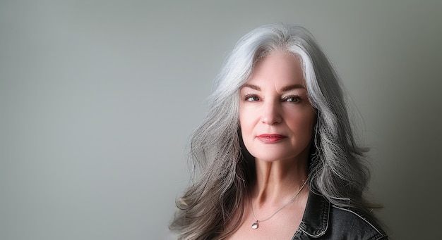 Senior woman posing with flat grey background wall