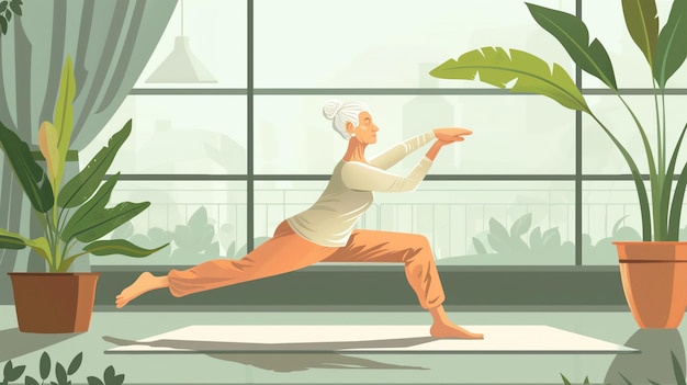 Photo senior woman practicing gentle yoga stretches in a sunlit room