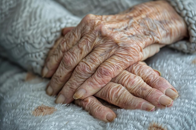 Photo senior woman showing wrinkled hands resting on lap