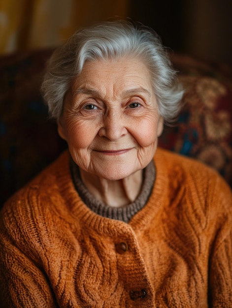 Photo a senior woman sitting in a chair with a warm smile suitable for various uses such as lifestyle health and wellness