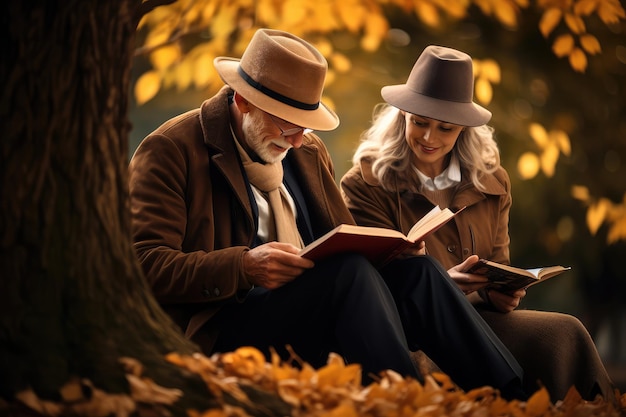 senior woman sitting on a fallen autumn leaves reading a book