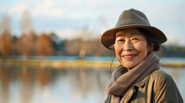 Senior Woman Smiling Outdoors With Autumn Foliage and Lake