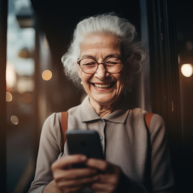 Senior Woman Smiling at Smartphone