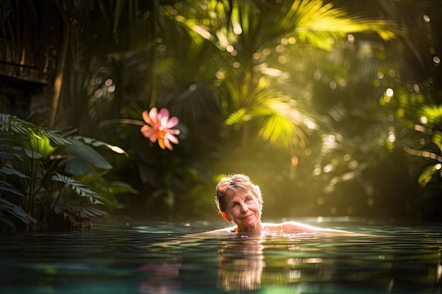 Senior woman swims serenely in tropical pool generative IA