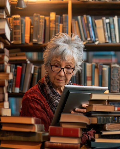 Photo senior woman using an ereader in a library engrossed in a digital novel surrounded by physical books