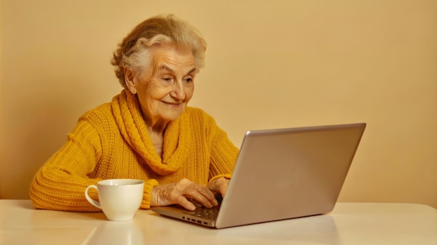 Senior woman using laptop with coffee cup