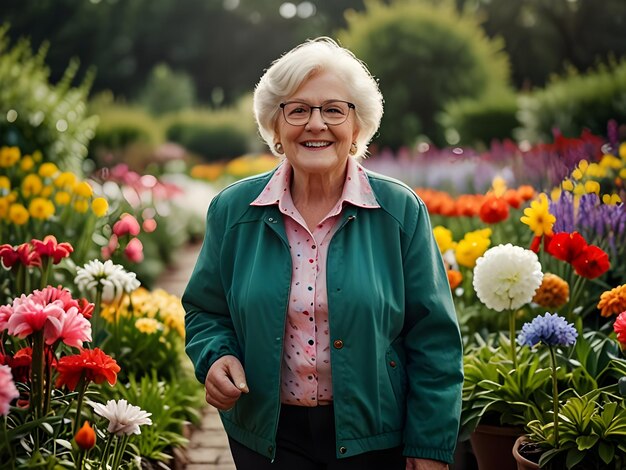 Senior woman walking in garden with lots of spring flowers blooming Mature female