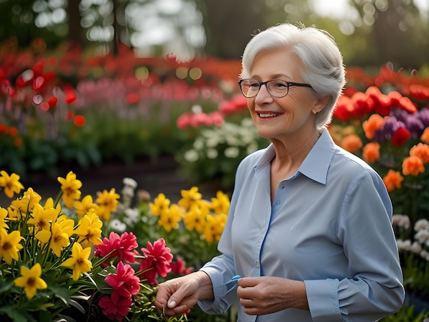 Senior woman walking in garden with lots of spring flowers blooming Mature female