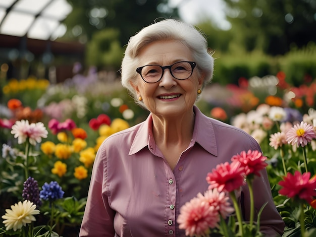 Senior woman walking in garden with lots of spring flowers blooming Mature female