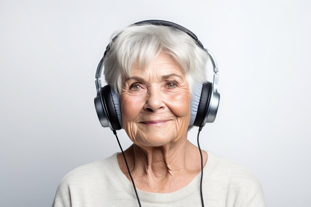 A senior woman with earphones on a white background