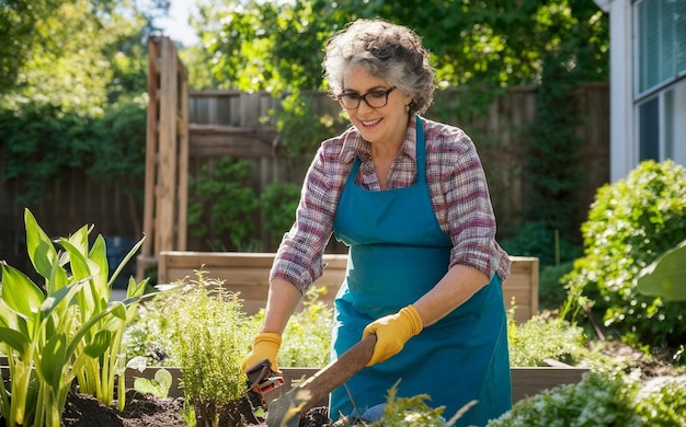 Senior woman with gardening tool working in her backyard garden