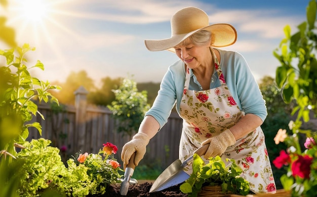 Senior woman with gardening tool working in her backyard garden