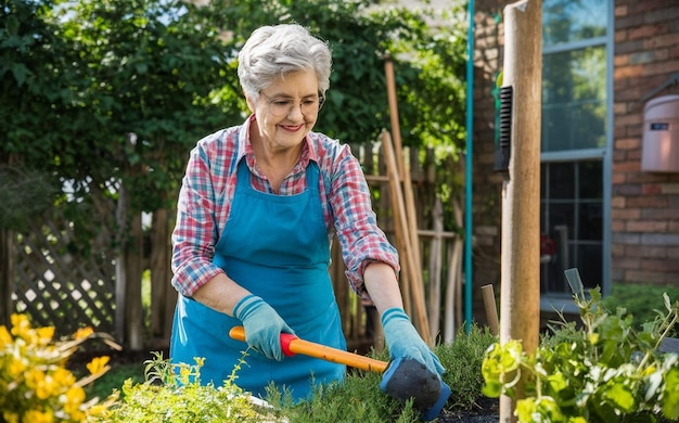 Senior woman with gardening tool working in her backyard garden