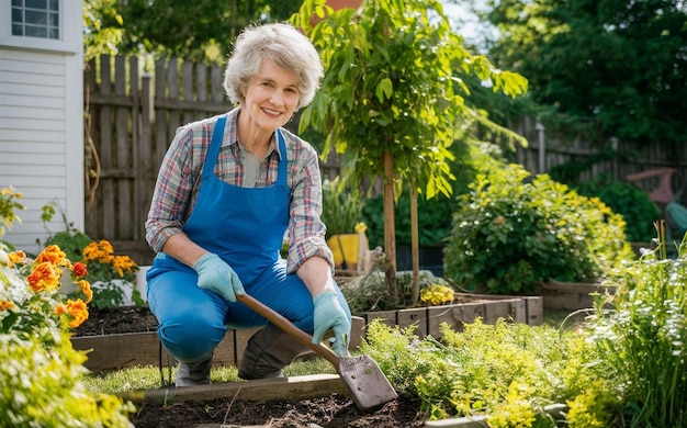 Senior woman with gardening tool working in her backyard garden