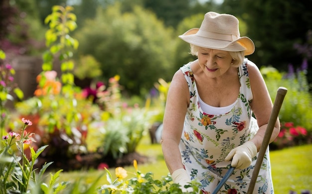 Senior woman with gardening tool working in her backyard garden