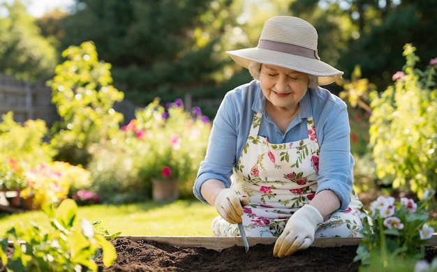 Senior woman with gardening tool working in her backyard garden