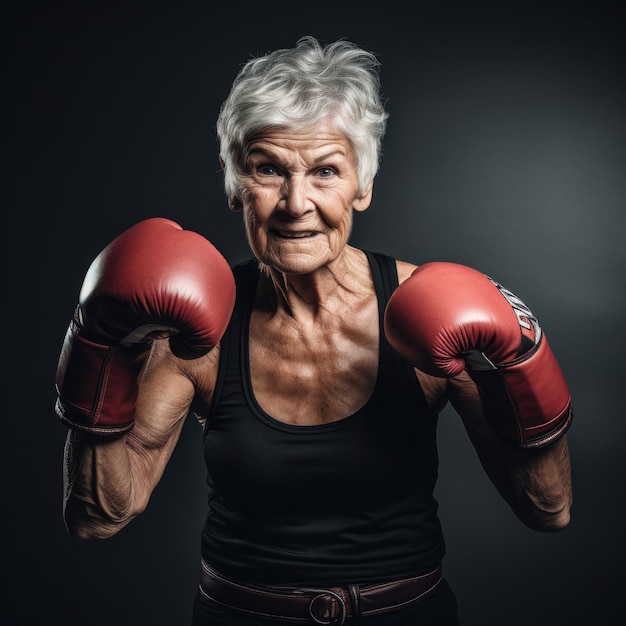 senior woman with red boxing gloves ready for combat