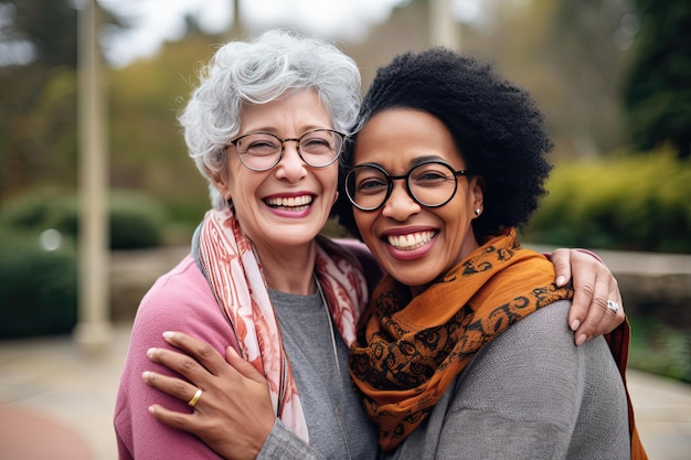 Senior Women Having Fun Together at Park. Happy Multiracial Elderly Generation People Laughing and